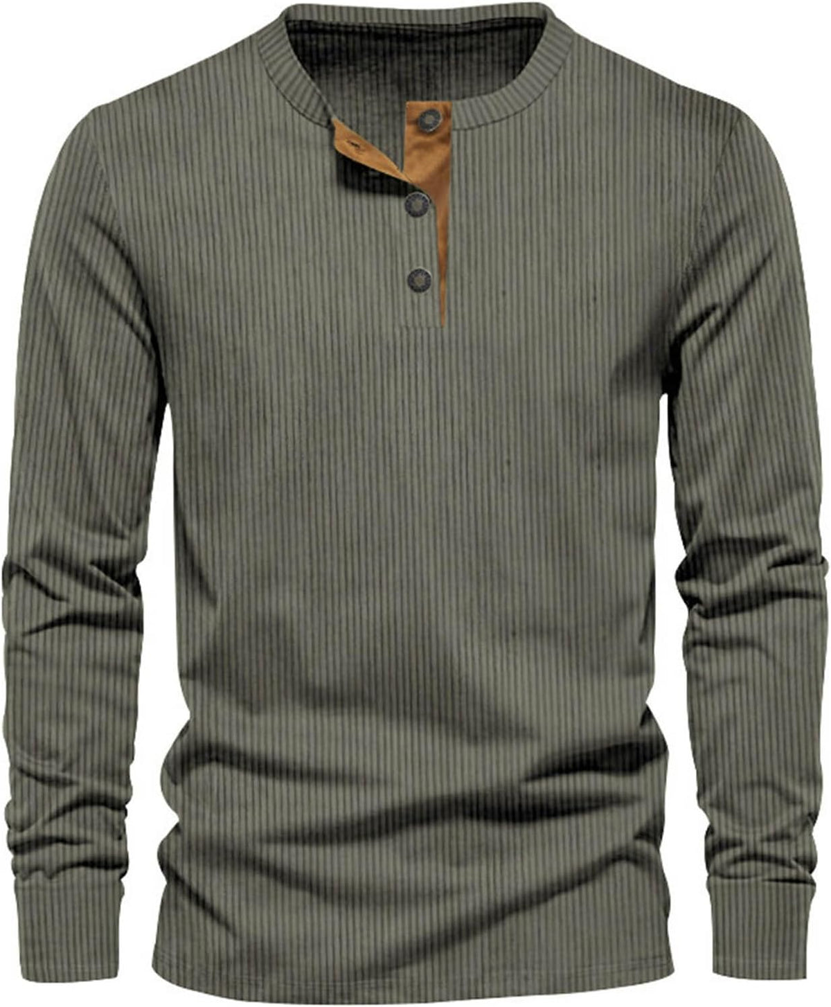 T-Shirt Homme à Manches Longues Côtelé – Décontracté Confort Col Rond - Vert armée