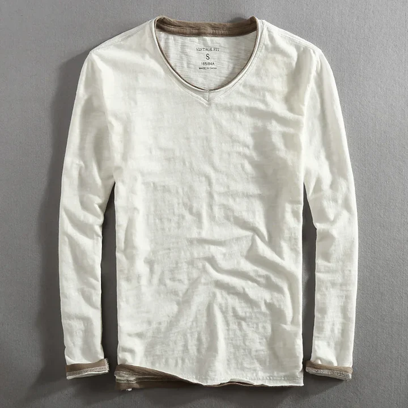 T-shirt Homme Décontracté en Coton Col V Manches Longues – Tee-Shirt Basique Confortable - Blanc