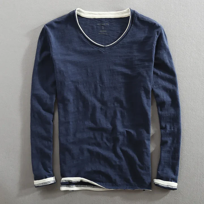 T-shirt Homme Décontracté en Coton Col V Manches Longues – Tee-Shirt Basique Confortable - Bleu marine