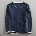 T-shirt Homme Décontracté en Coton Col V Manches Longues – Tee-Shirt Basique Confortable - Bleu marine