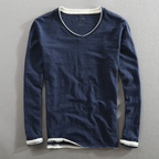 T-shirt Homme Décontracté en Coton Col V Manches Longues – Tee-Shirt Basique Confortable - Bleu marine