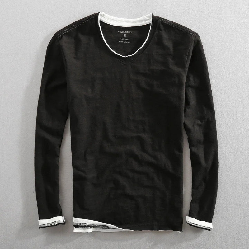 T-shirt Homme Décontracté en Coton Col V Manches Longues – Tee-Shirt Basique Confortable - Noir