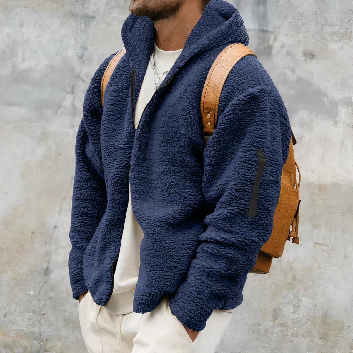 Veste à capuche en sherpa pour homme – Épais manteau zippé d’hiver - Bleu marine
