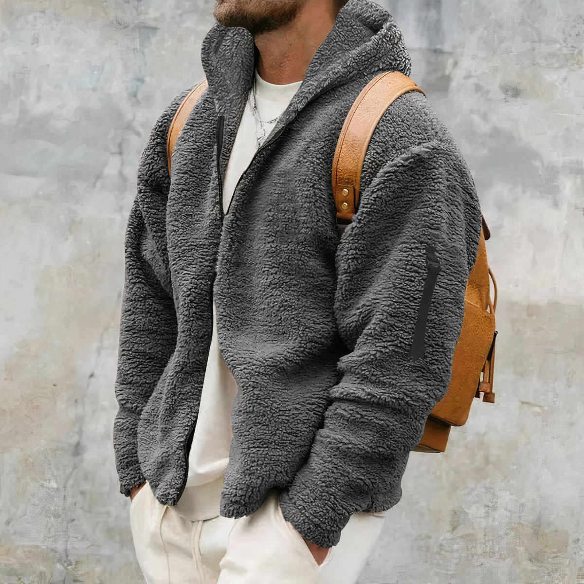 Veste à capuche en sherpa pour homme – Épais manteau zippé d’hiver - Gris