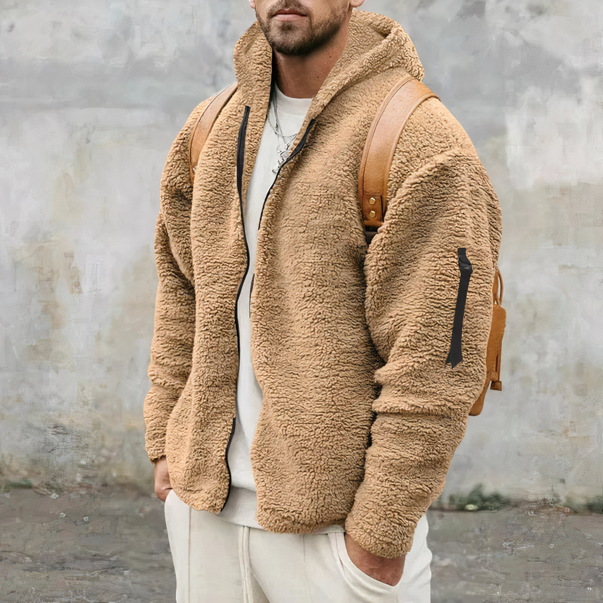 Veste à capuche en sherpa pour homme – Épais manteau zippé d’hiver - Kaki