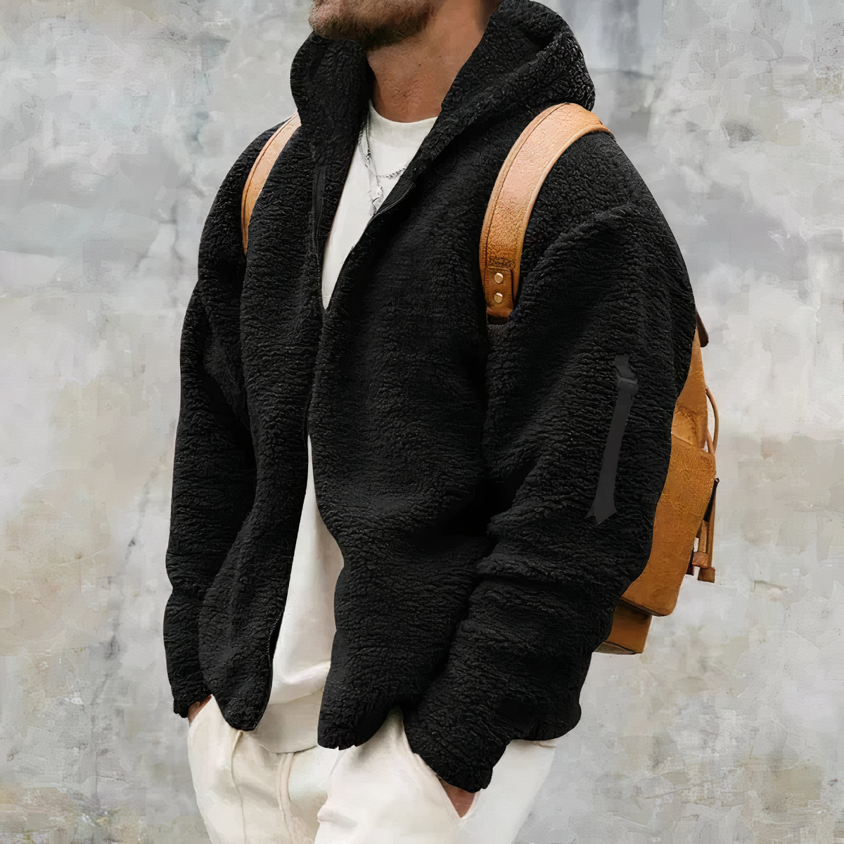 Veste à capuche en sherpa pour homme – Épais manteau zippé d’hiver - Noir
