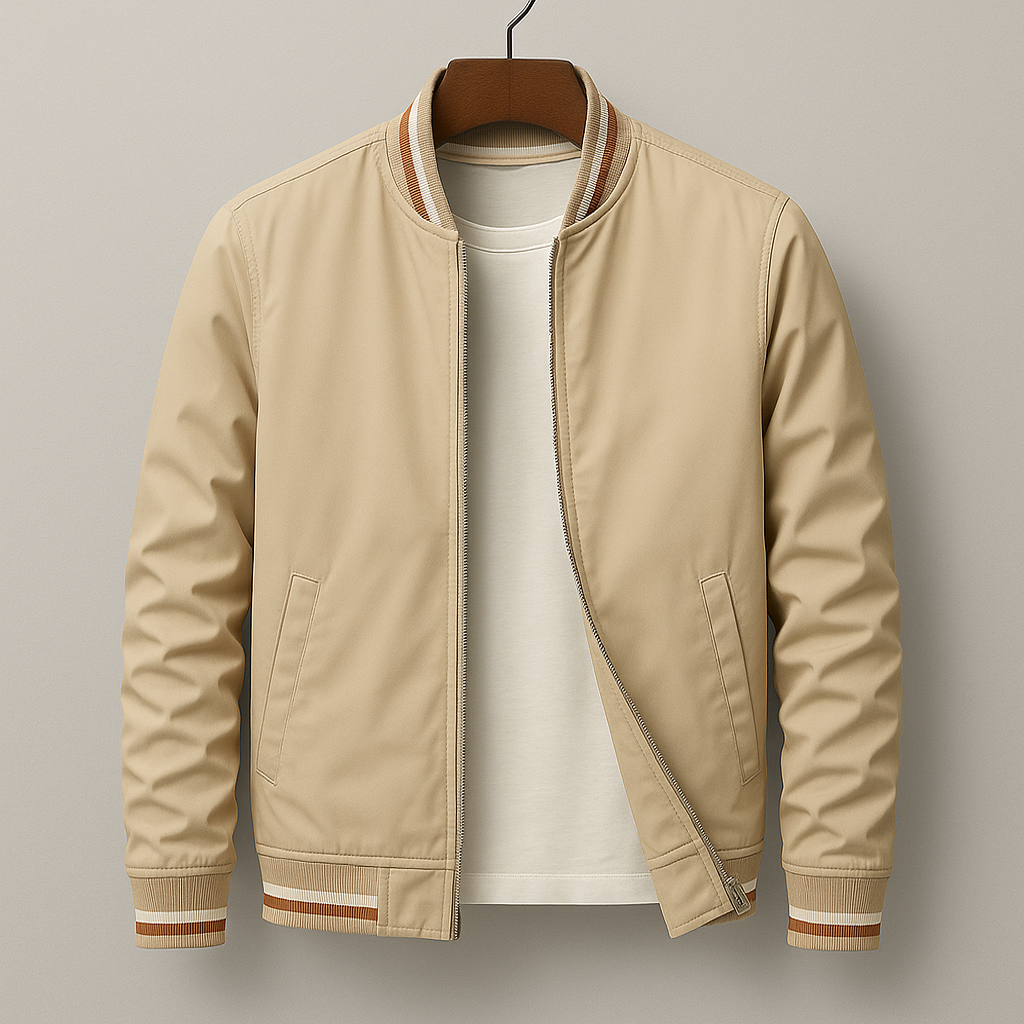Veste Bomber Homme Légère à Zip – Veste Décontractée avec Bord Côtelé - Beige
