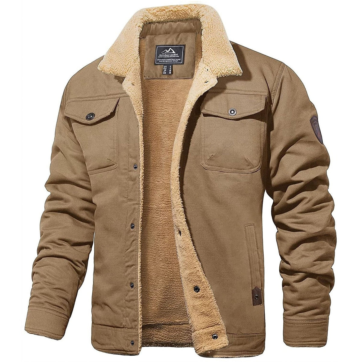 Veste Cargo Homme Doublée Sherpa – Manteau d’Hiver Isolant et Chaud - Kaki