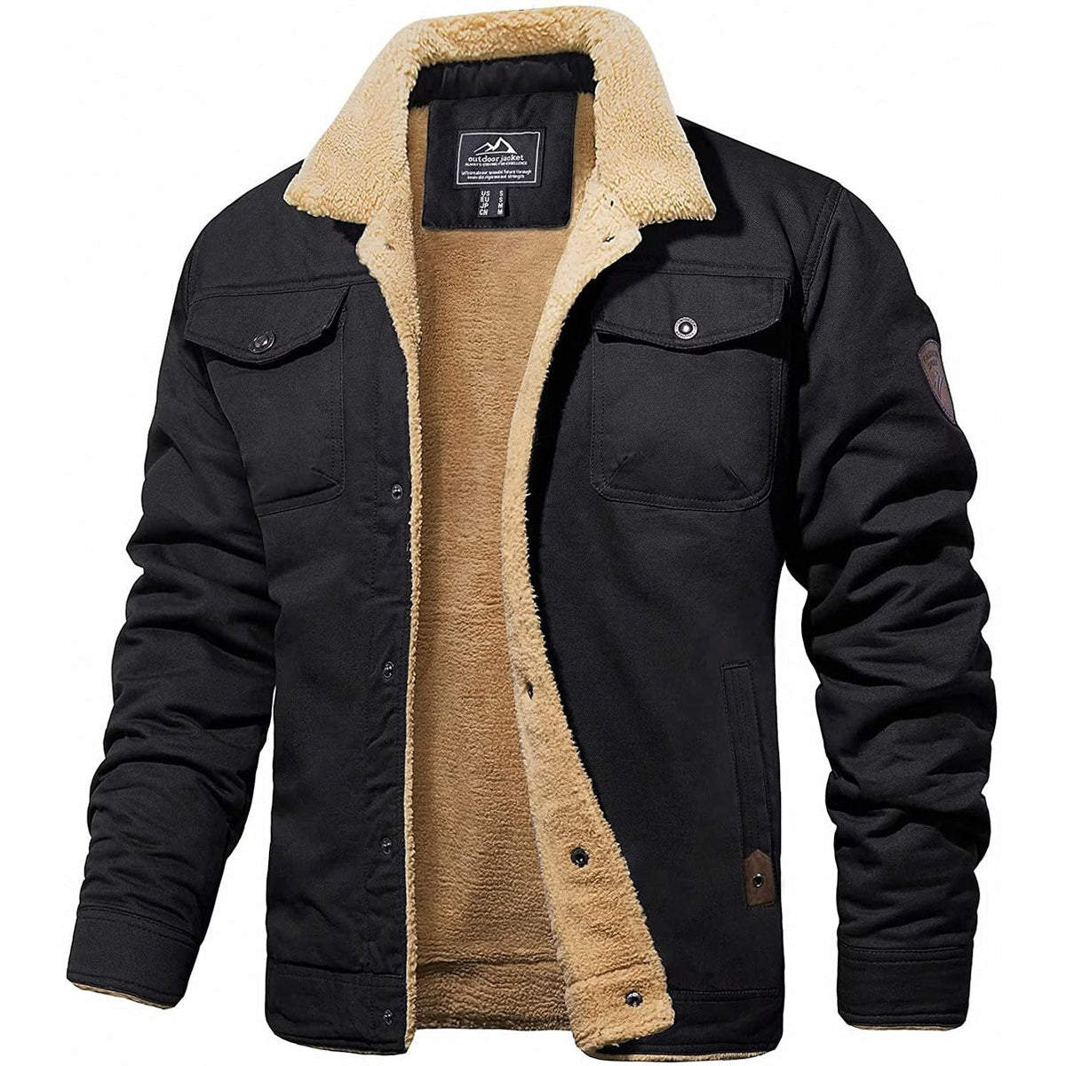 Veste Cargo Homme Doublée Sherpa – Manteau d’Hiver Isolant et Chaud - Noir