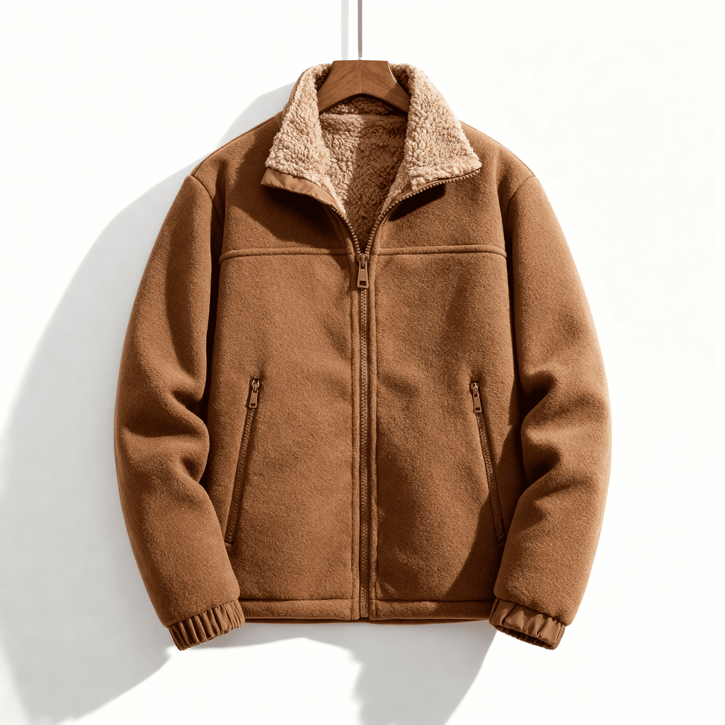 Veste doublée en polaire pour hommes – Veste épaisse à col montant avec fermeture éclair - Brun