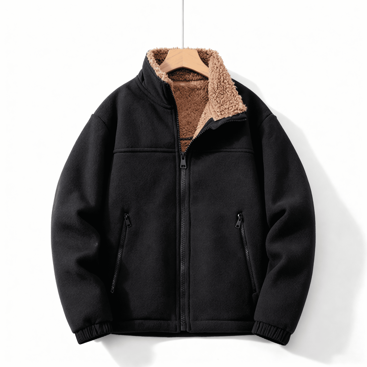 Veste doublée en polaire pour hommes – Veste épaisse à col montant avec fermeture éclair - Noir