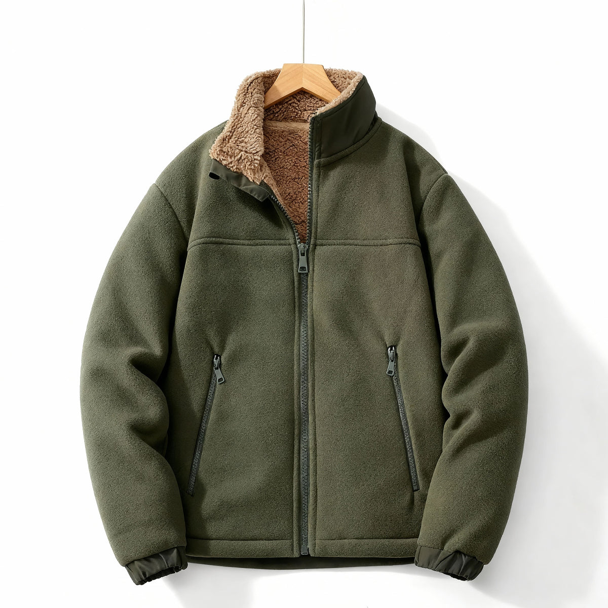 Veste doublée en polaire pour hommes – Veste épaisse à col montant avec fermeture éclair - Vert