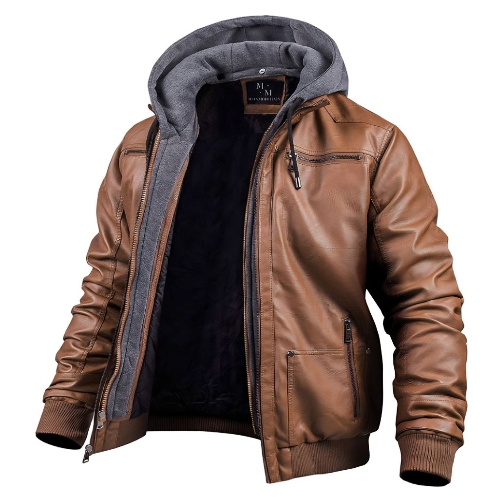 Veste en cuir d’hiver premium pour homme – Vêtement à capuche élégant - Brun