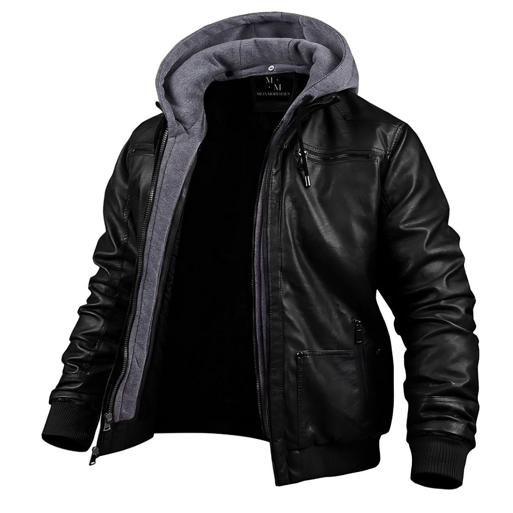 Veste en cuir d’hiver premium pour homme – Vêtement à capuche élégant - Noir