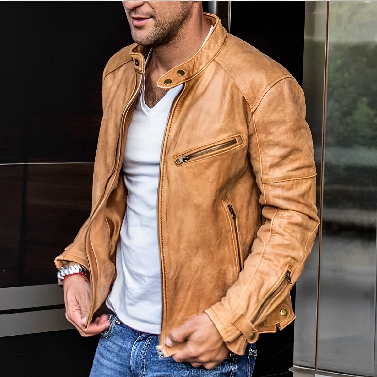 Veste Homme Élégante à Fermeture Éclair en Cuir Toutes Saisons – Style Durable - Beige