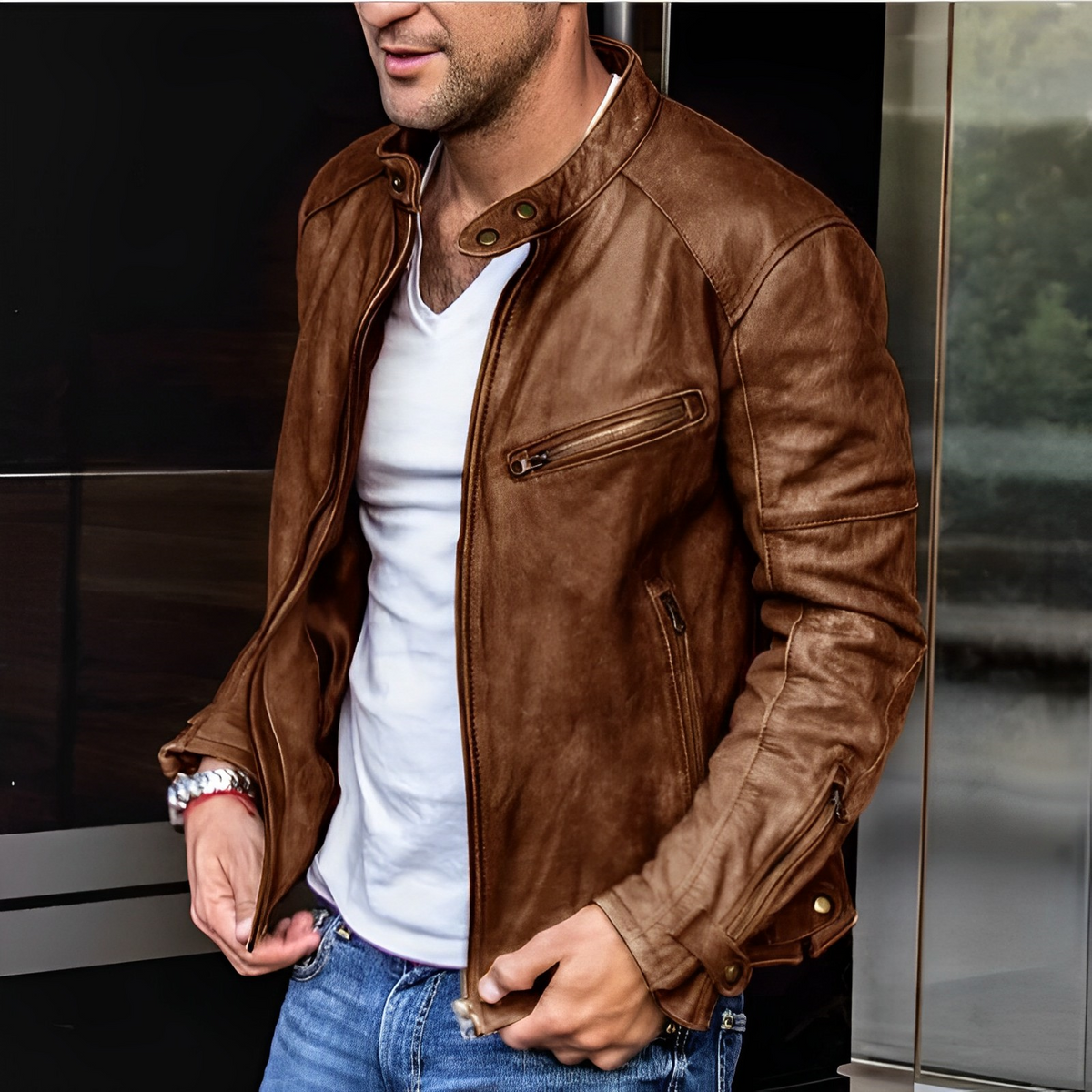 Veste Homme Élégante à Fermeture Éclair en Cuir Toutes Saisons – Style Durable - Marron
