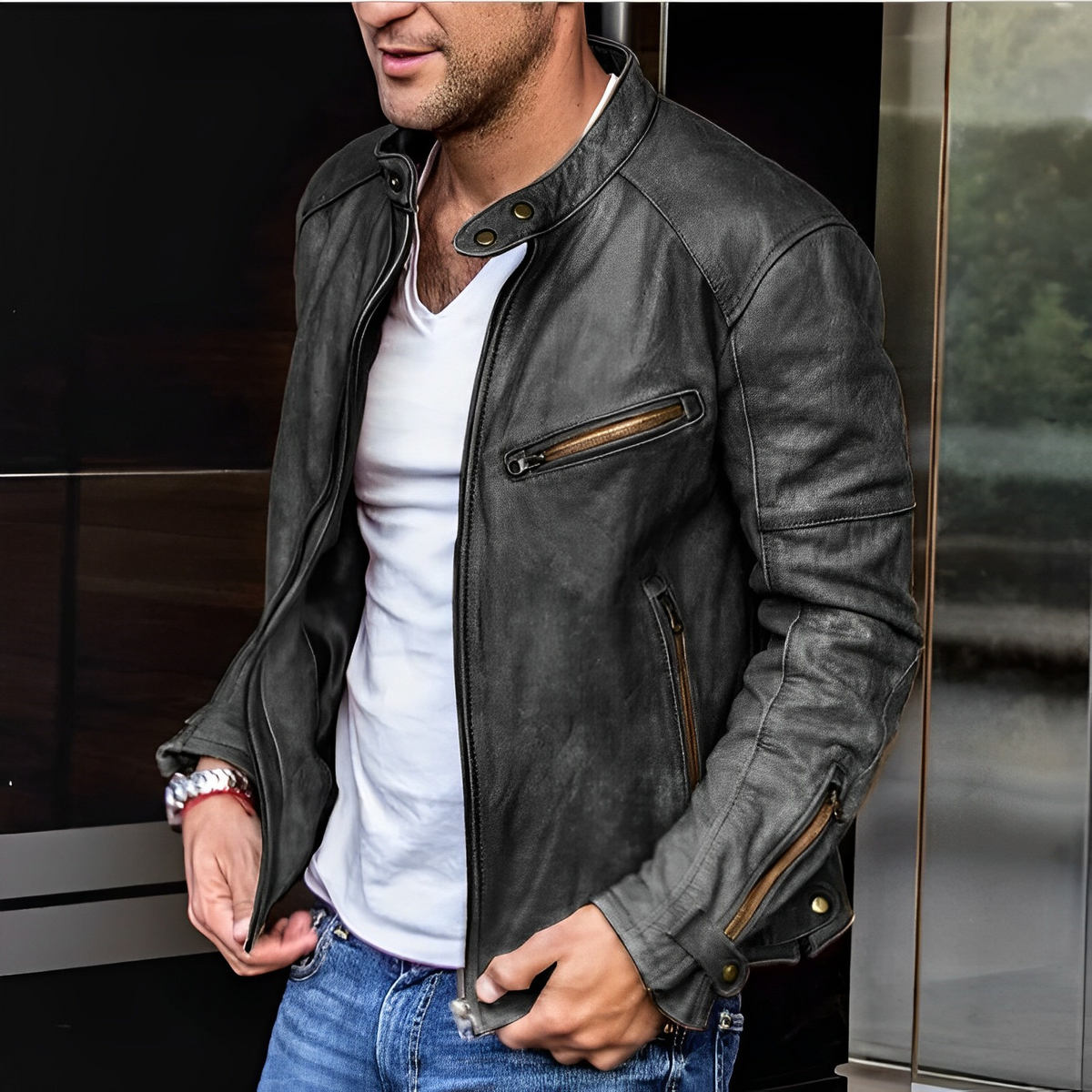 Veste Homme Élégante à Fermeture Éclair en Cuir Toutes Saisons – Style Durable - Noir