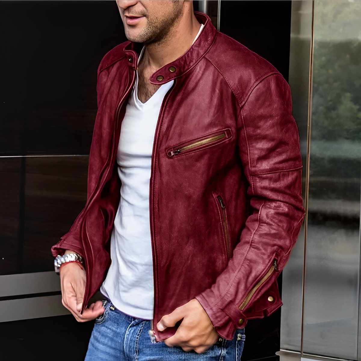 Veste Homme Élégante à Fermeture Éclair en Cuir Toutes Saisons – Style Durable - Rouge