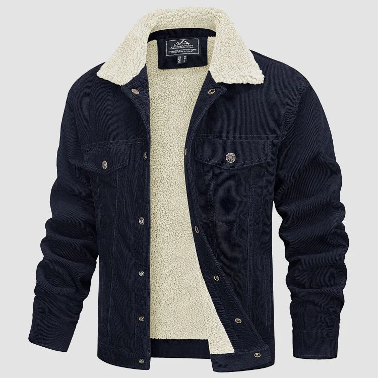 Veste Homme Élégante en Velours Côtelé Doublée Sherpa – Manteau Trucker Chaud - Bleu marine