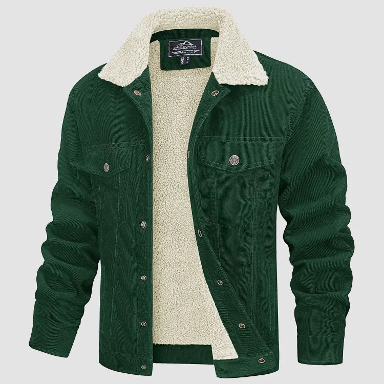 Veste Homme Élégante en Velours Côtelé Doublée Sherpa – Manteau Trucker Chaud - Vert