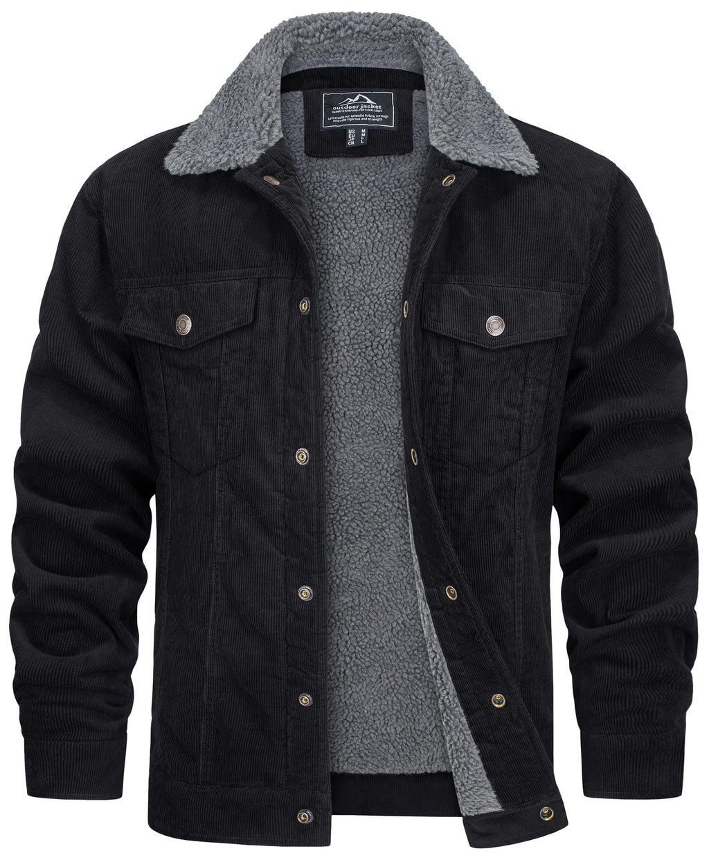Veste pour Homme Style Velours Côtelé Résistante aux Intempéries – Manteau Doublé Teddy - Noir
