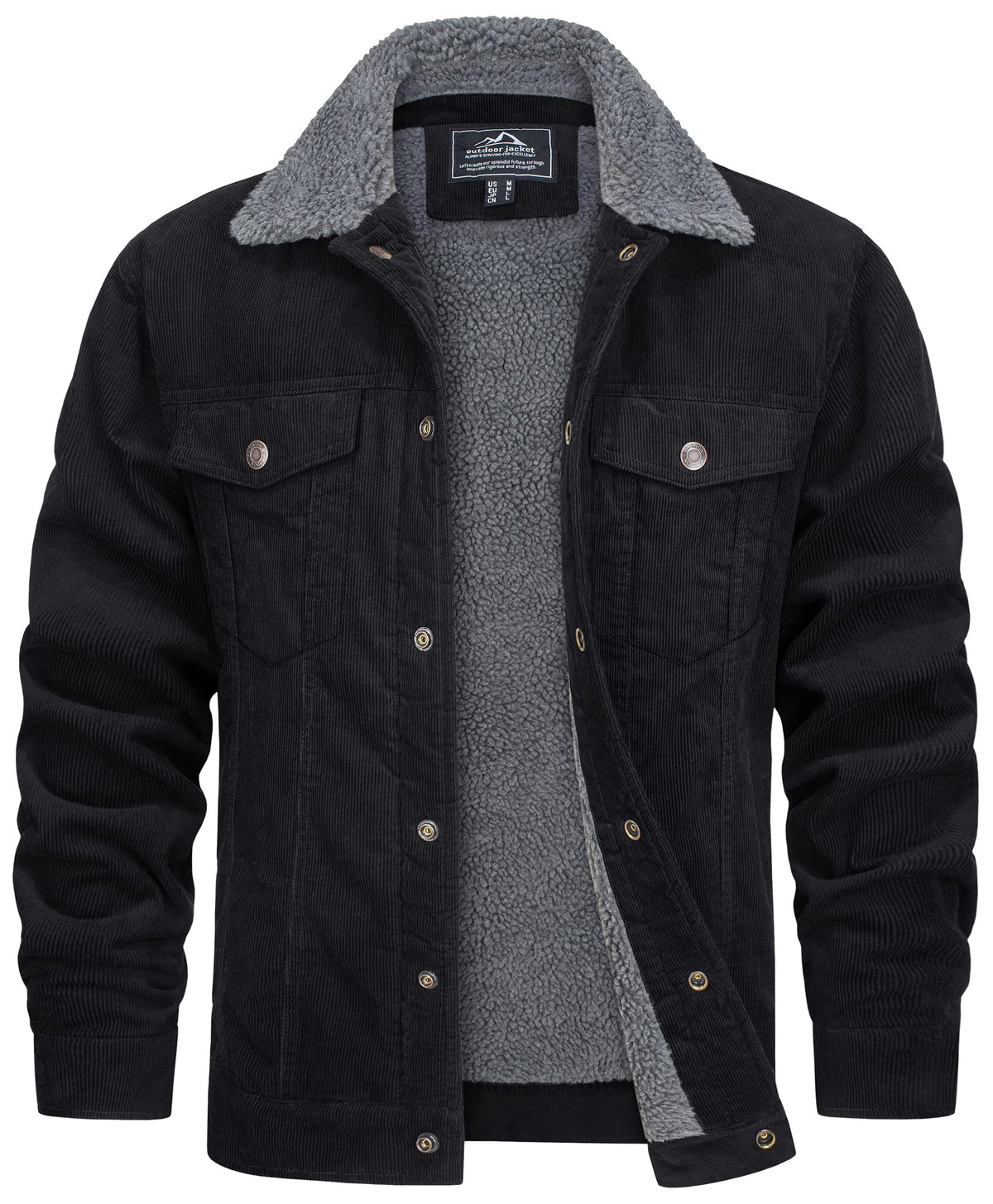 Veste pour Homme Style Velours Côtelé Résistante aux Intempéries – Manteau Doublé Teddy - Noir