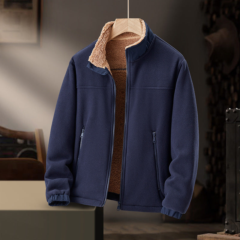 Veste Premium pour Homme en Laine d’Agneau Doublée Polaire – Col Montant zippé - Bleu foncé