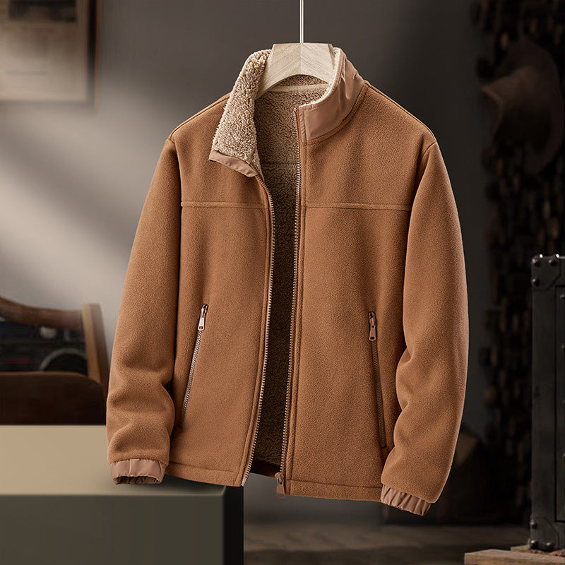 Veste Premium pour Homme en Laine d’Agneau Doublée Polaire – Col Montant zippé - Caramel