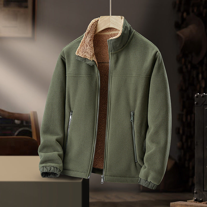 Veste Premium pour Homme en Laine d’Agneau Doublée Polaire – Col Montant zippé - Vert militaire