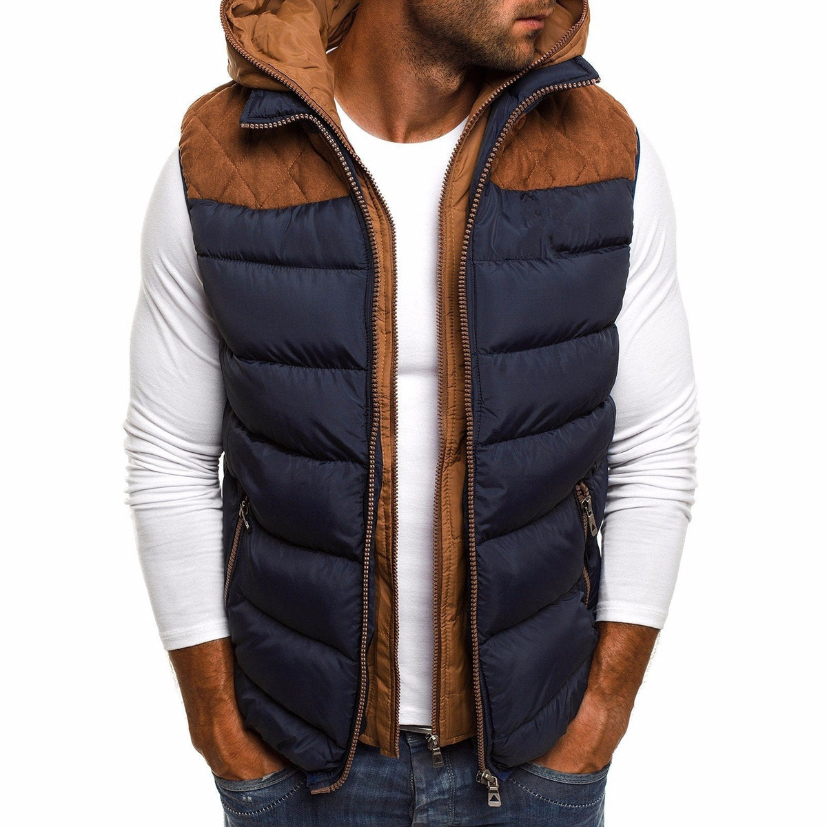 Veste sans manches à capuche en coton chaud pour homme avec intérieur matelassé - Bleu Marine