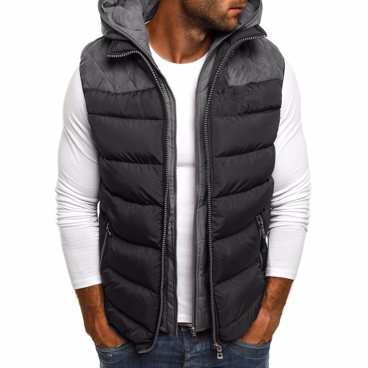 Veste sans manches à capuche en coton chaud pour homme avec intérieur matelassé - Gris