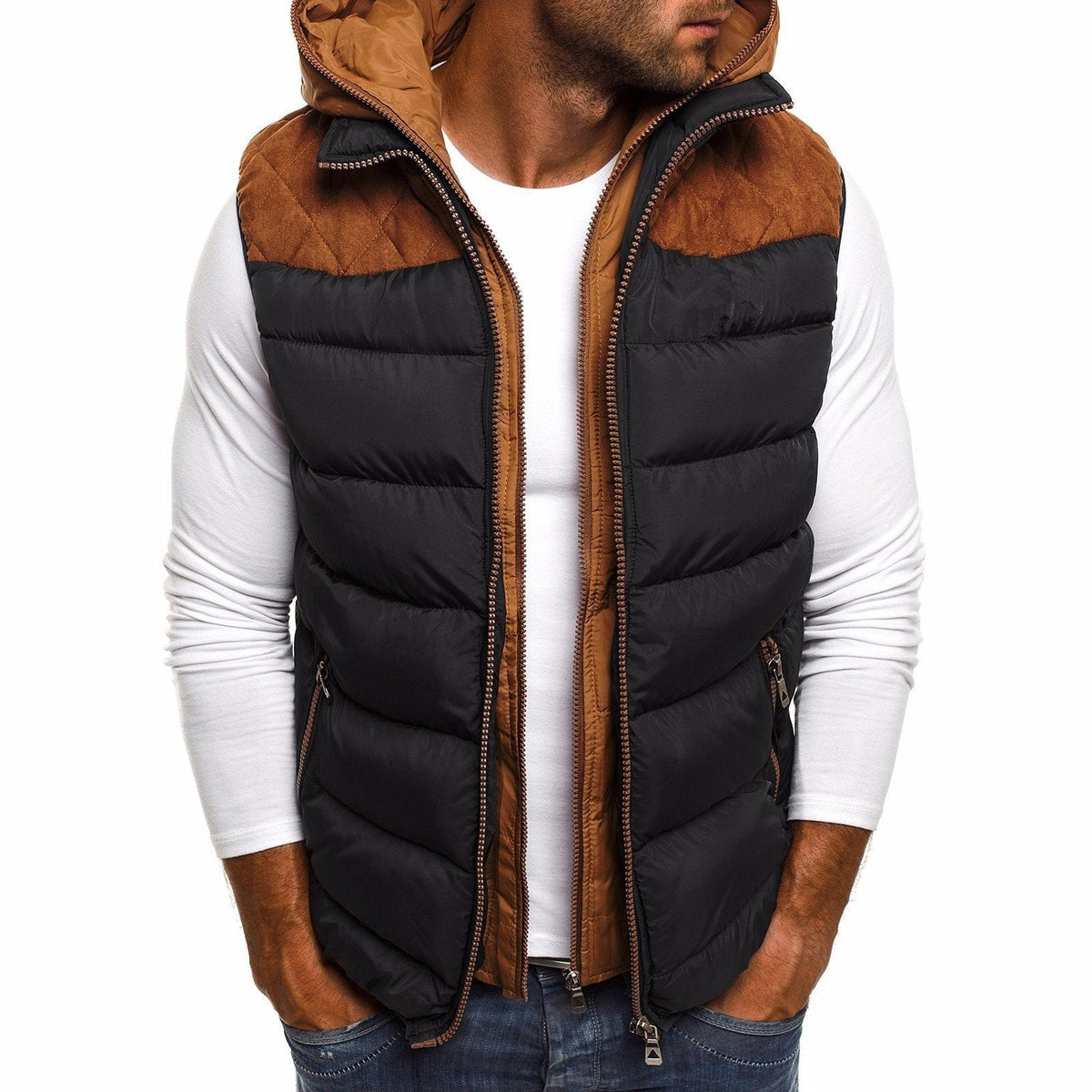 Veste sans manches à capuche en coton chaud pour homme avec intérieur matelassé - Noir