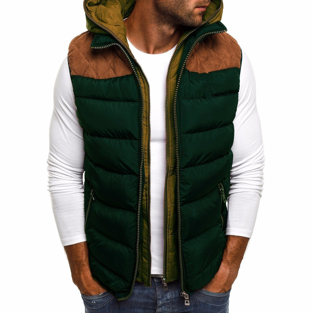Veste sans manches à capuche en coton chaud pour homme avec intérieur matelassé - Vert Armée