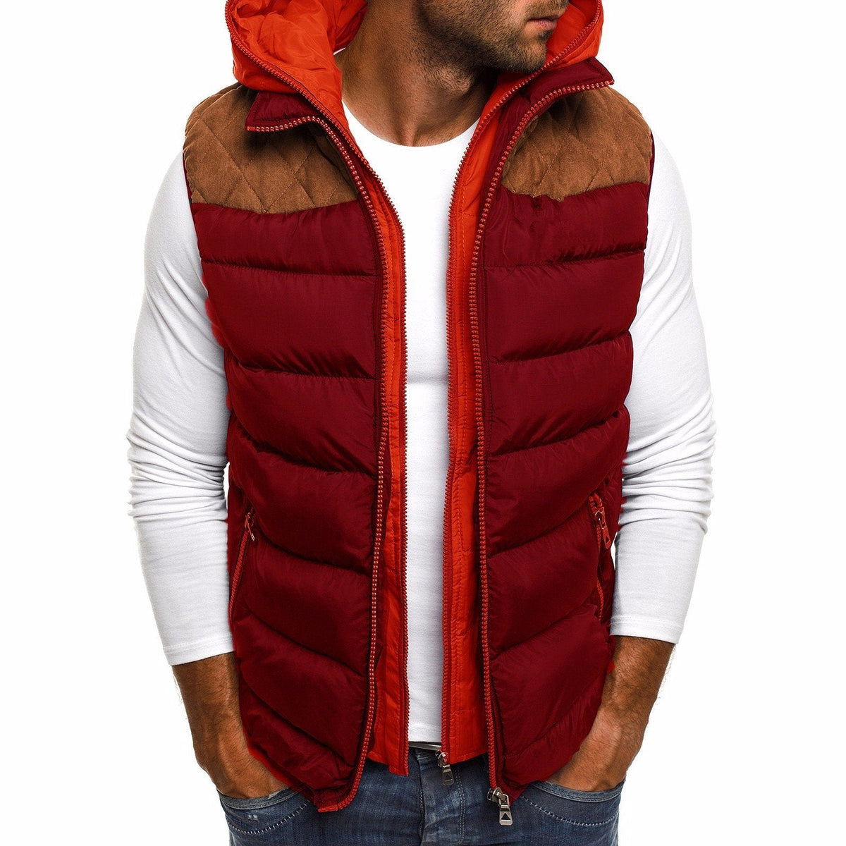 Veste sans manches à capuche en coton chaud pour homme avec intérieur matelassé - Vin rouge