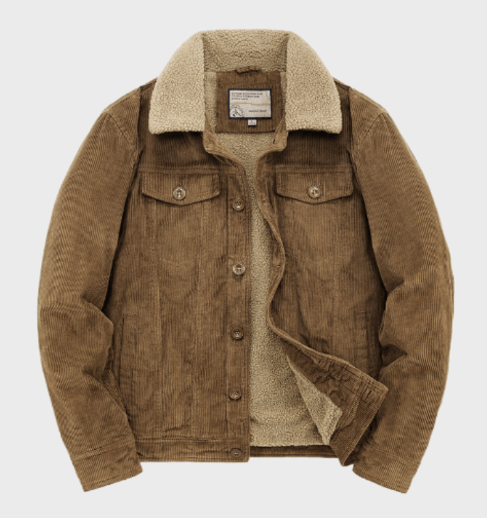 Veste Trucker Premium Homme en Velours Côtelé – Doublure Sherpa Chaude - Kaki